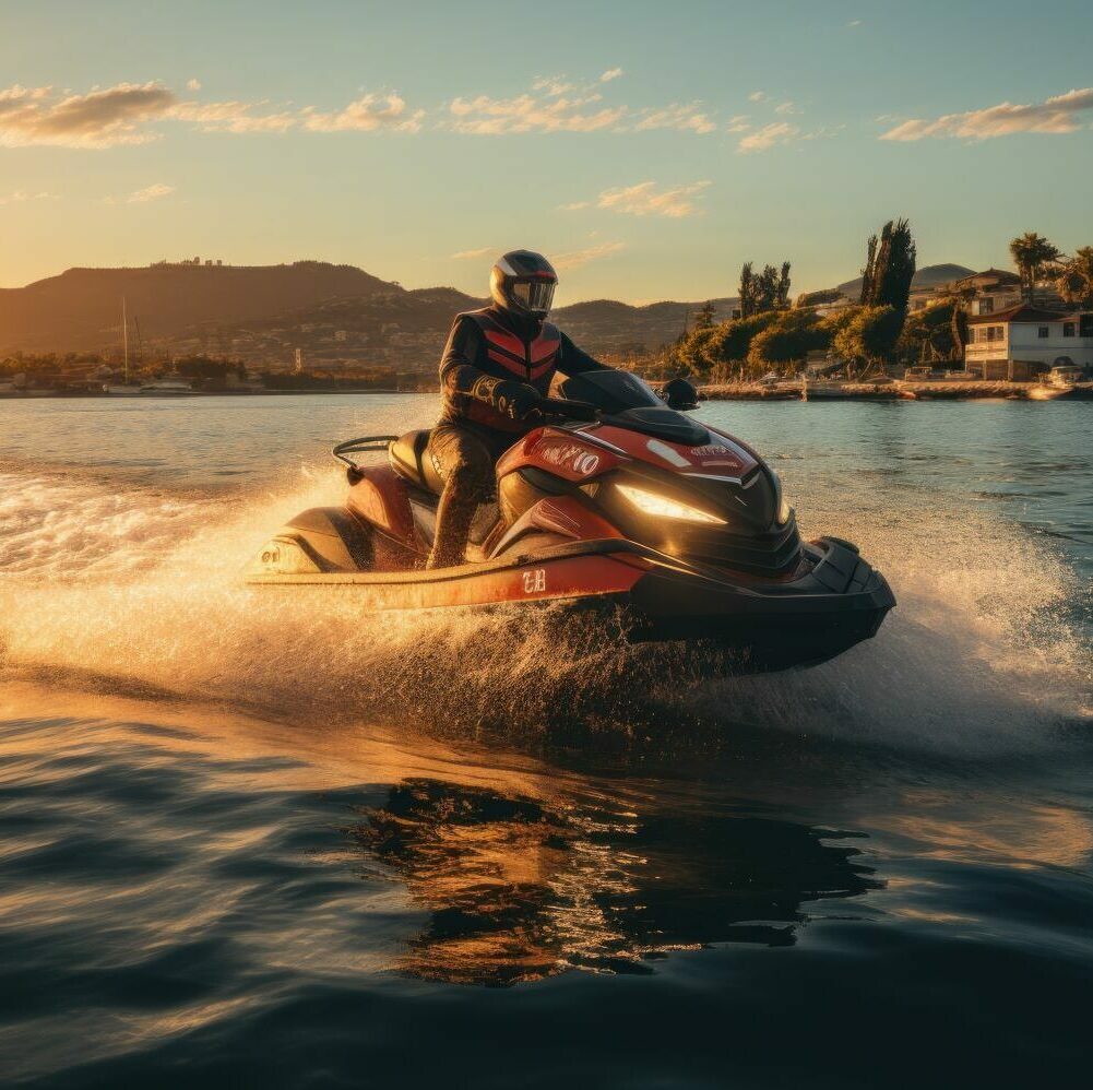 Personne pratiquant le jet ski au coucher du soleil.