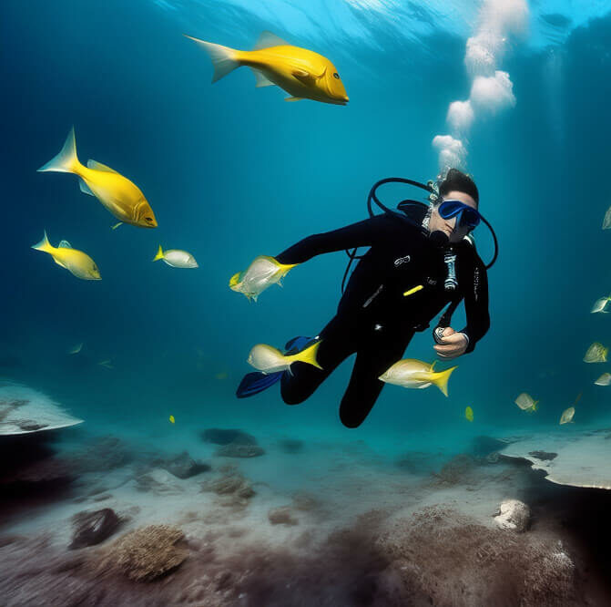 Homme pratiquant la plongée sous-marine, entouré de poissons colorés